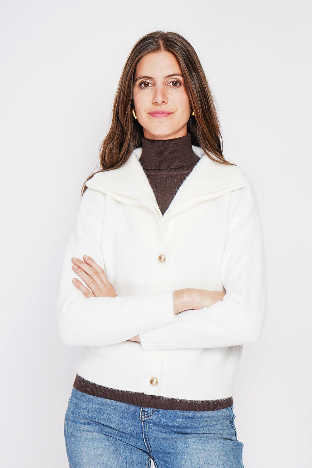 Double collar buttoned front oversized cut long sleeve vest – Off white – C&Jo
