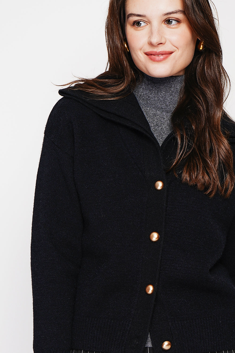 Double collar buttoned front oversized cut long sleeve vest