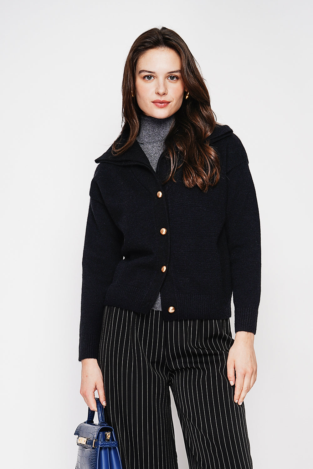 Double collar buttoned front oversized cut long sleeve vest – Black – C&Jo