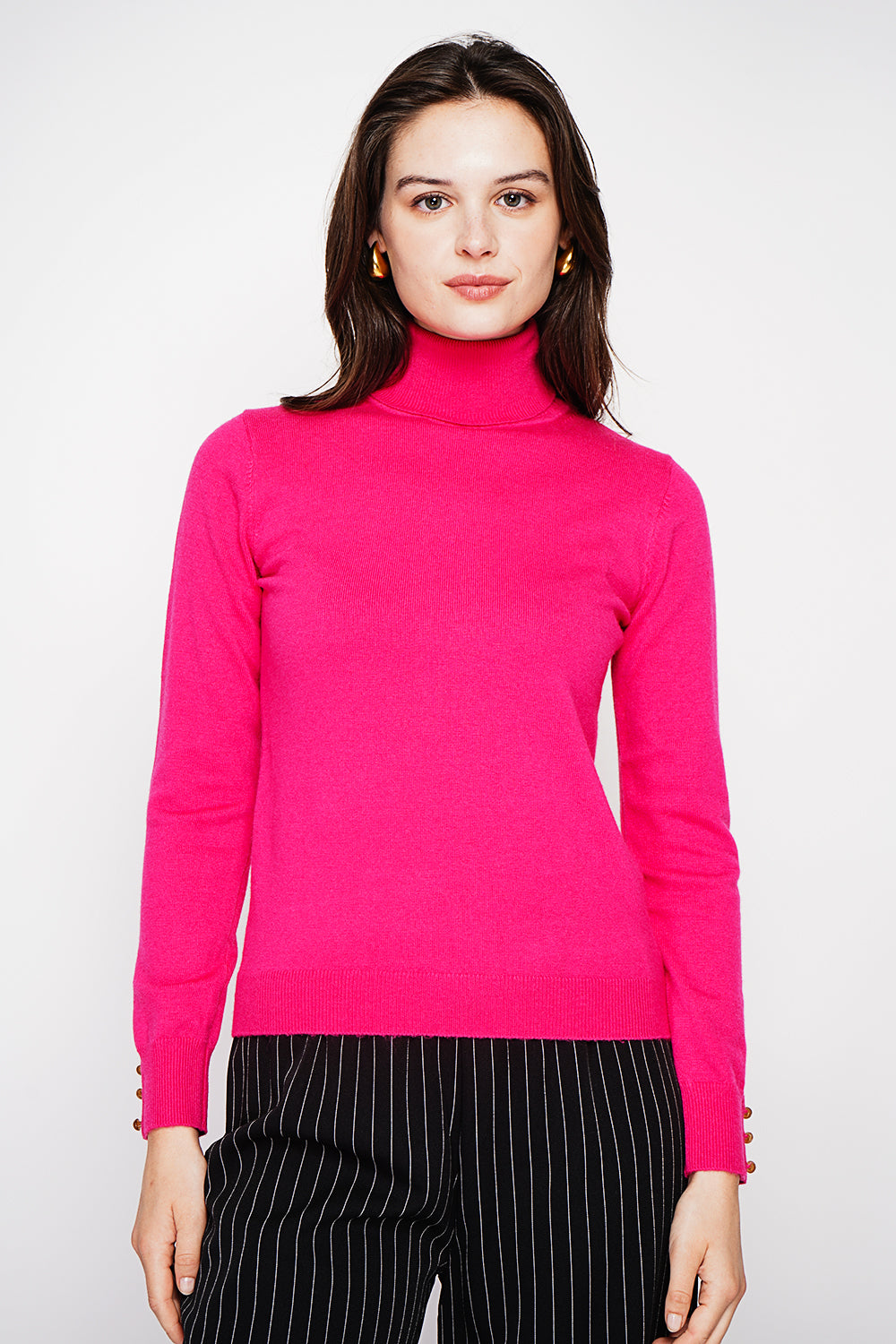 Classic turtleneck sweater knitted in 2 threads with long sleeves – Fuchsia – C&Jo