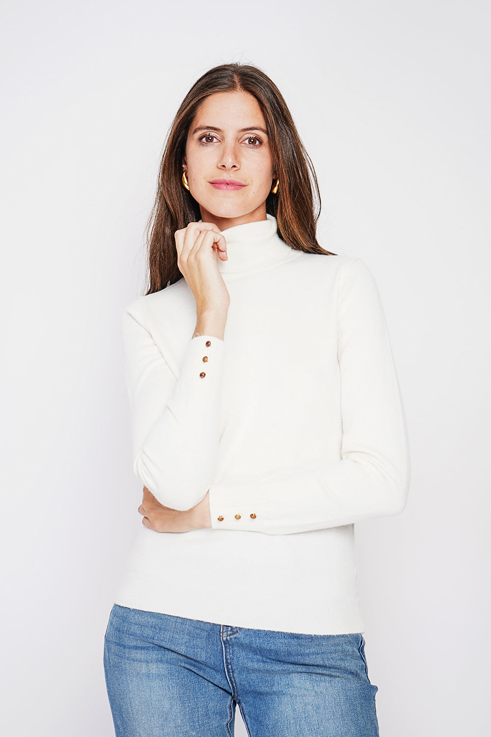 Classic turtleneck sweater knitted in 2 threads with long sleeves – Off white – C&Jo