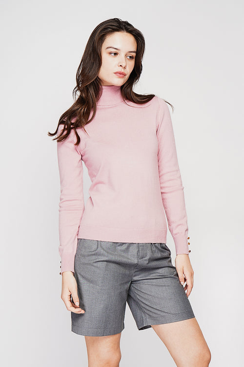 Classic turtleneck sweater knitted in 2 threads with long sleeves – Pink dust – C&Jo