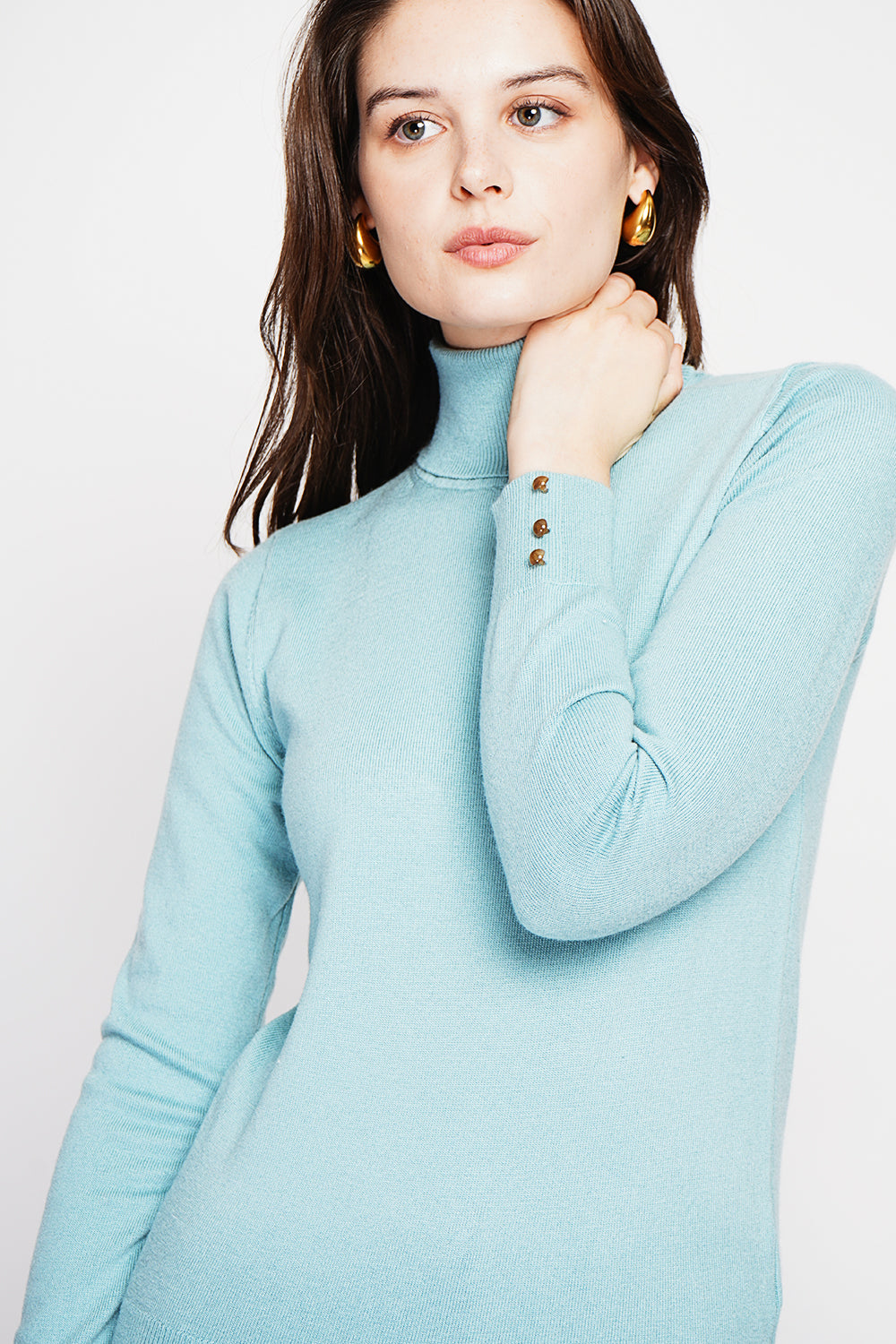 Classic turtleneck sweater knitted in 2 threads with long sleeves – Turquoise – C&Jo