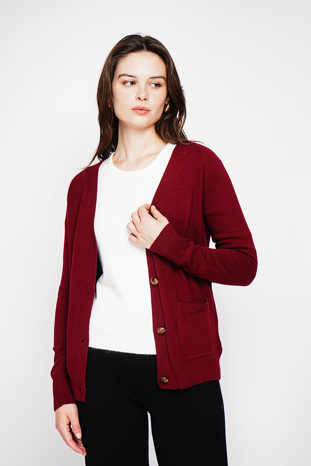 Fancy buttoned v-neck oversized fit vest with long sleeve pockets – Wine red – C&Jo