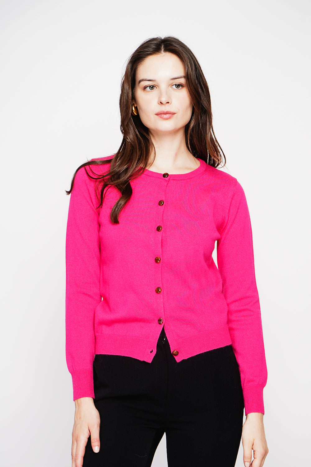Gilet col rond boutons fantaisie – Fuchsia – C&Jo