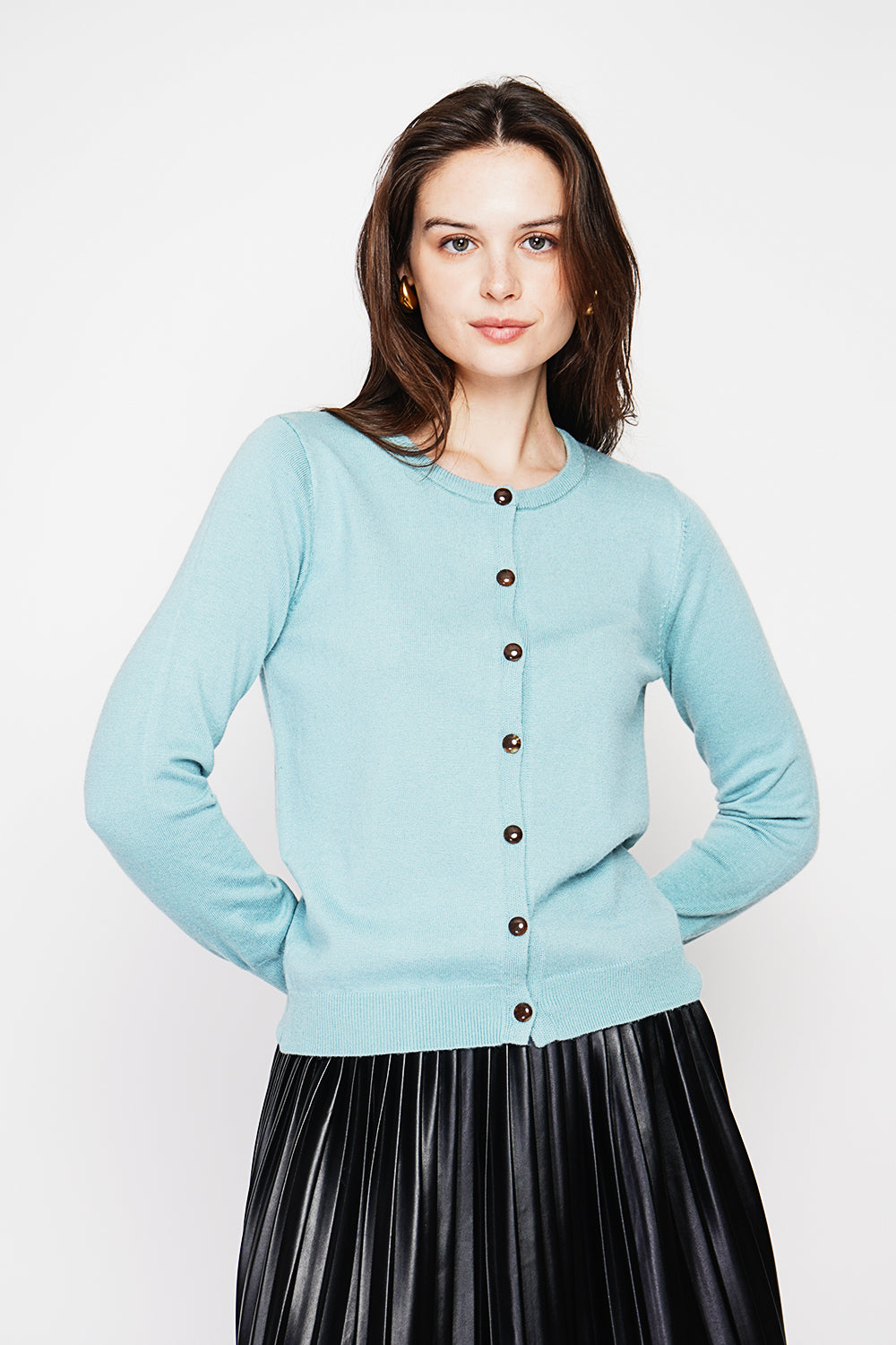 Gilet col rond boutons fantaisie – Turquoise – C&Jo