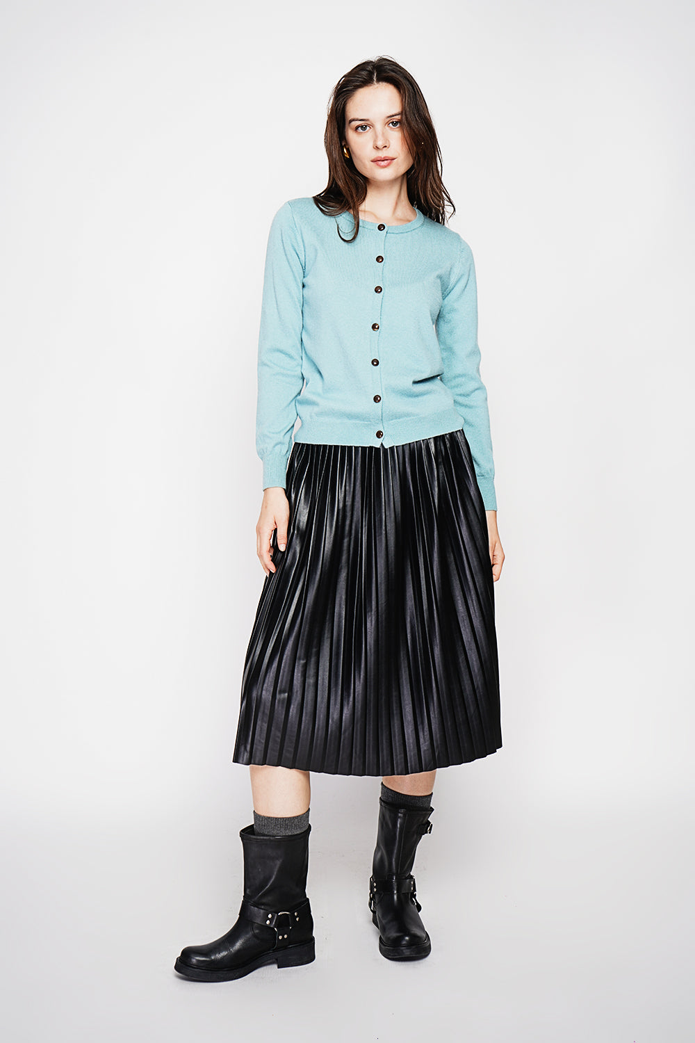 Gilet col rond boutons fantaisie – Turquoise – C&Jo