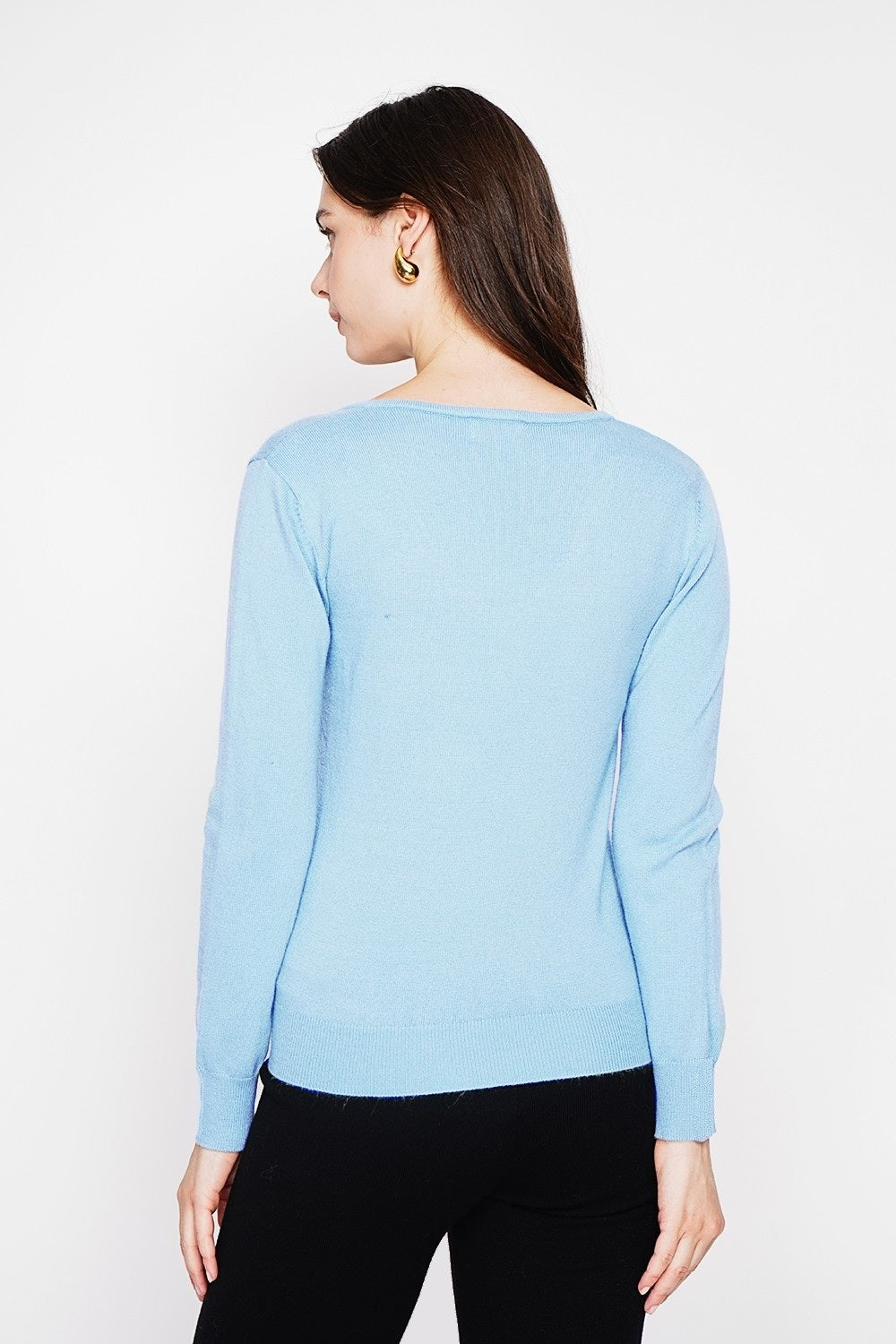 Classic V-neck sweater with long sleeves, 2-ply knit – Sky blue – C&Jo