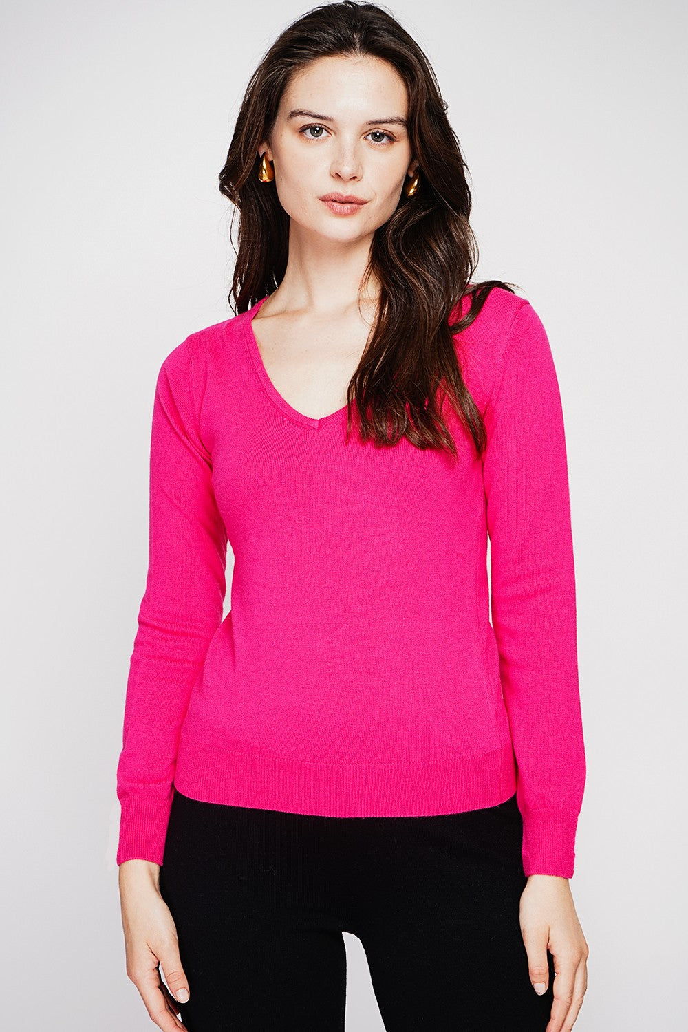 Pull col V classique 2 fils – Fuchsia – C&Jo
