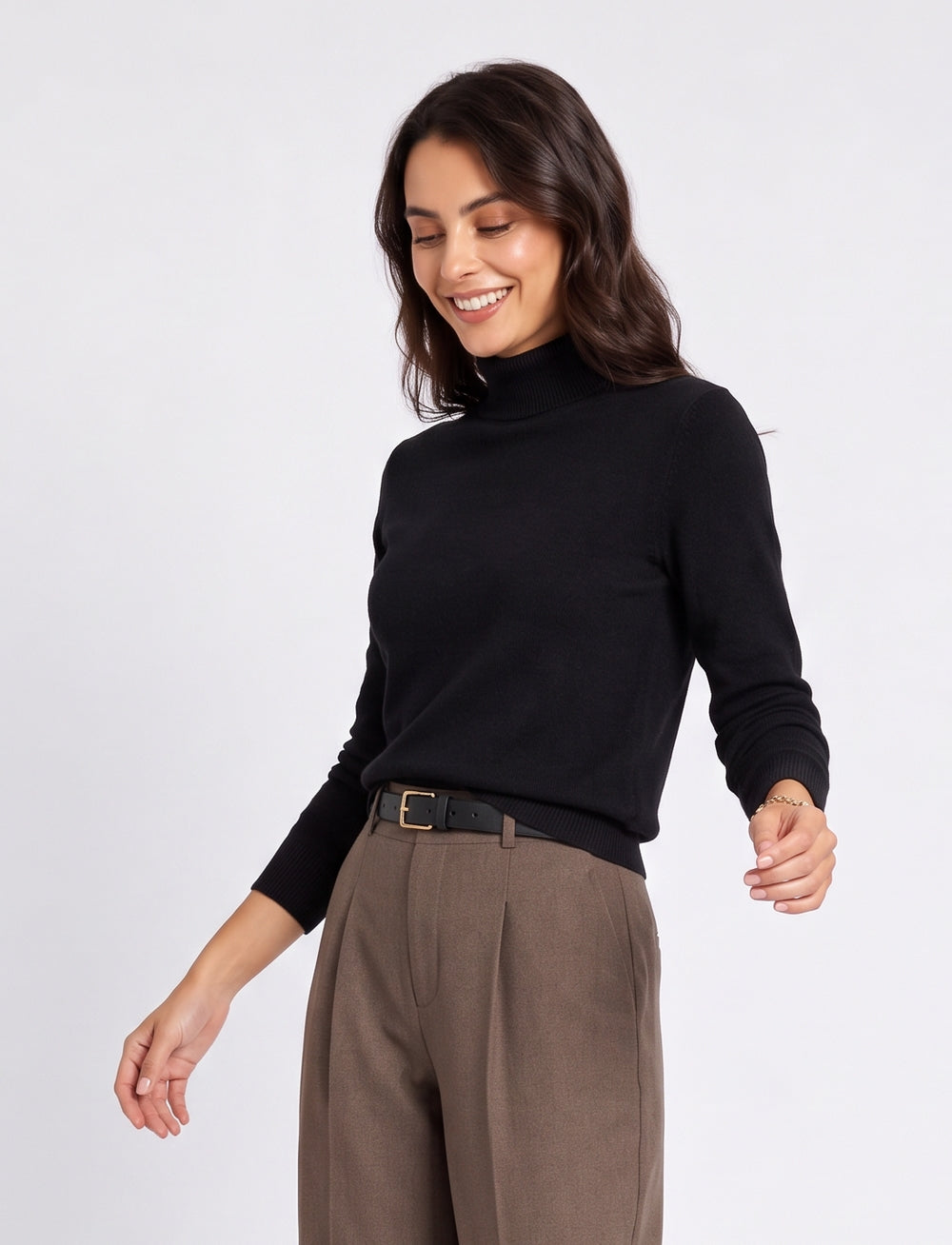 Classic long-sleeved high-neck sweater in 2-ply knit – Black – C&Jo
