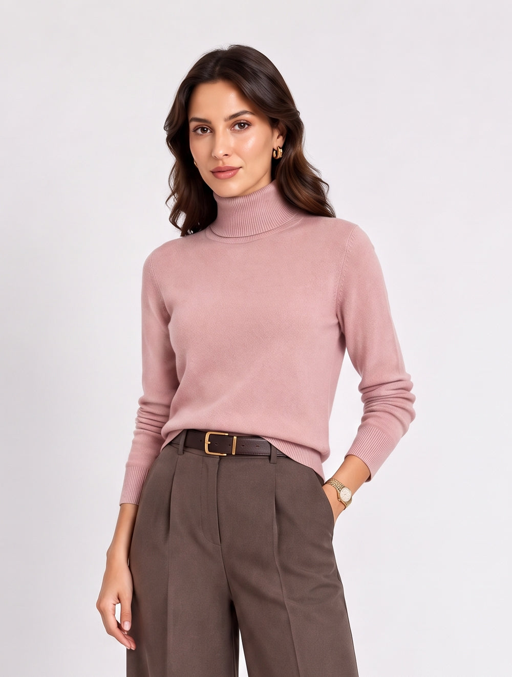 Classic long-sleeved high-neck sweater in 2-ply knit – Pink dust – C&Jo