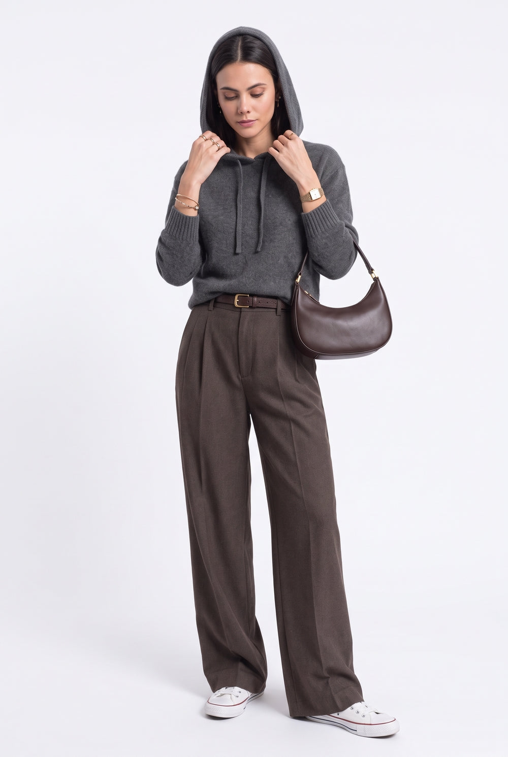 Pull à capuche oversize poche poitrine – Gris foncé – C&Jo