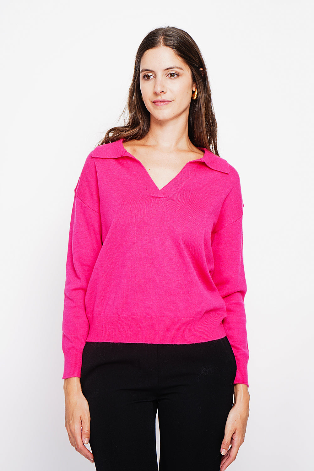 Pull col polo V oversize côtelé – Fuchsia – C&Jo