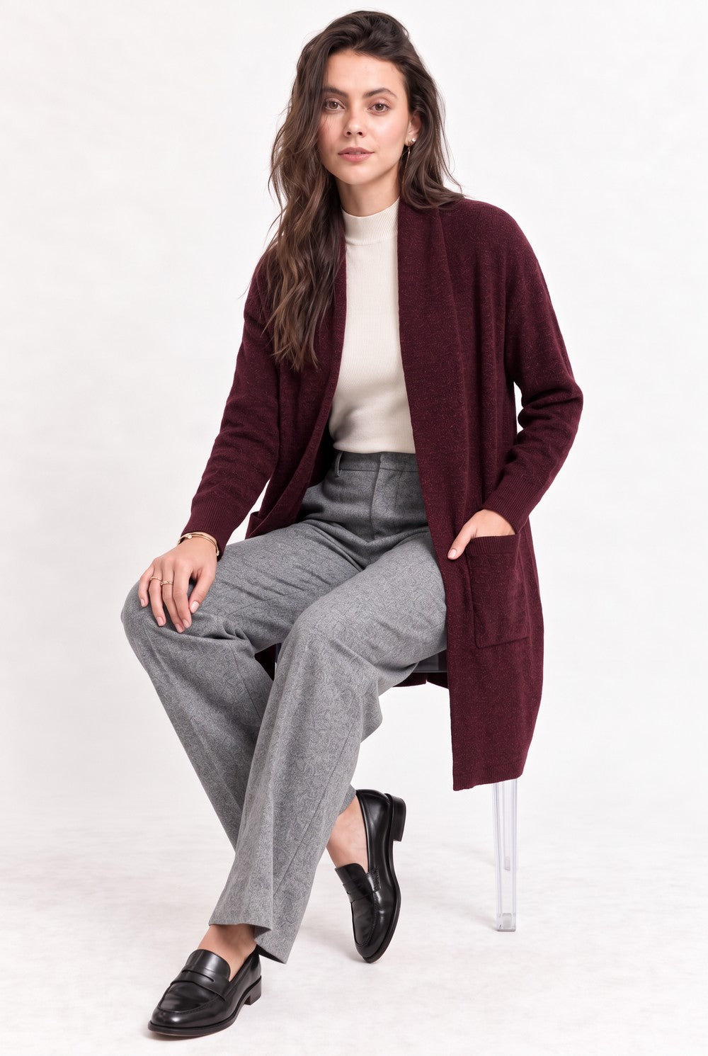 Gilet long col châle à poches – Bordeaux – C&Jo