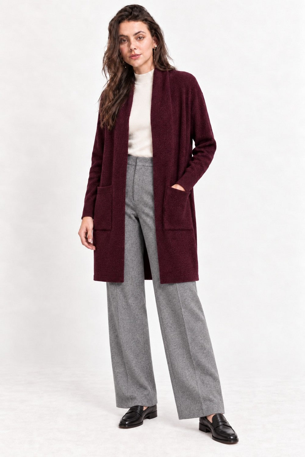 Gilet long col châle à poches – Bordeaux – C&Jo