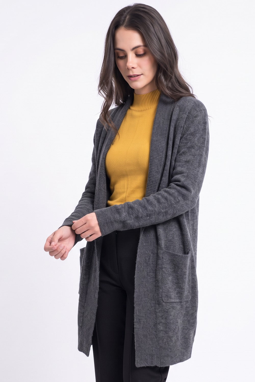 Gilet long col châle à poches – Gris foncé – C&Jo