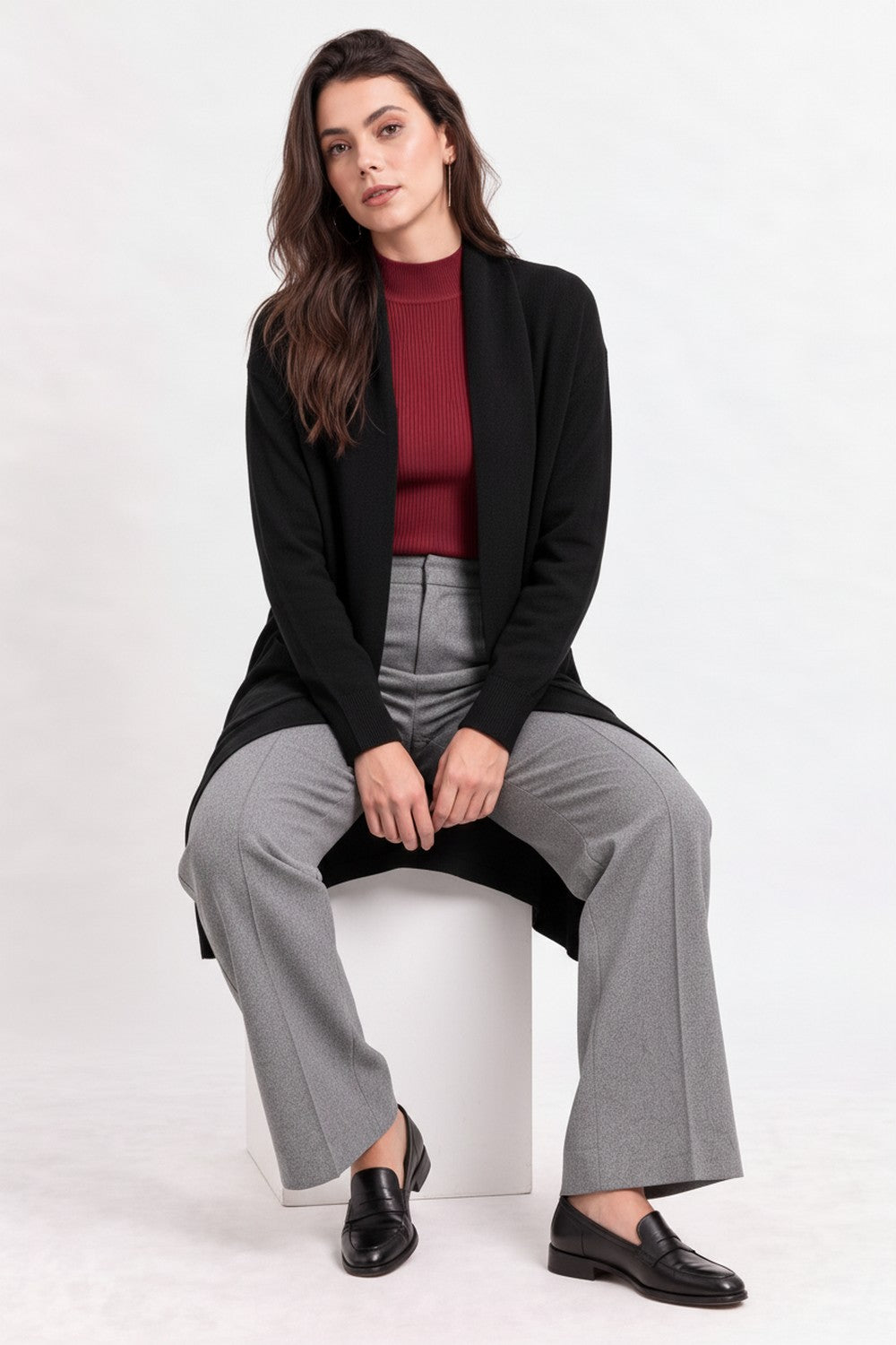 Gilet long col châle à poches – Noir – C&Jo