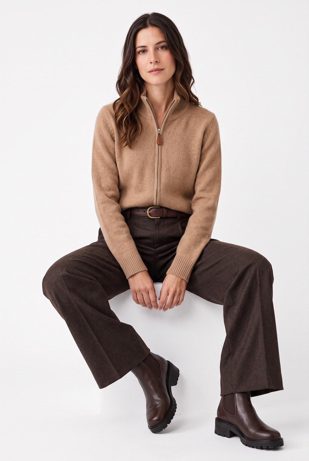 Gilet zippé classique 2 fils – Camel – C&Jo