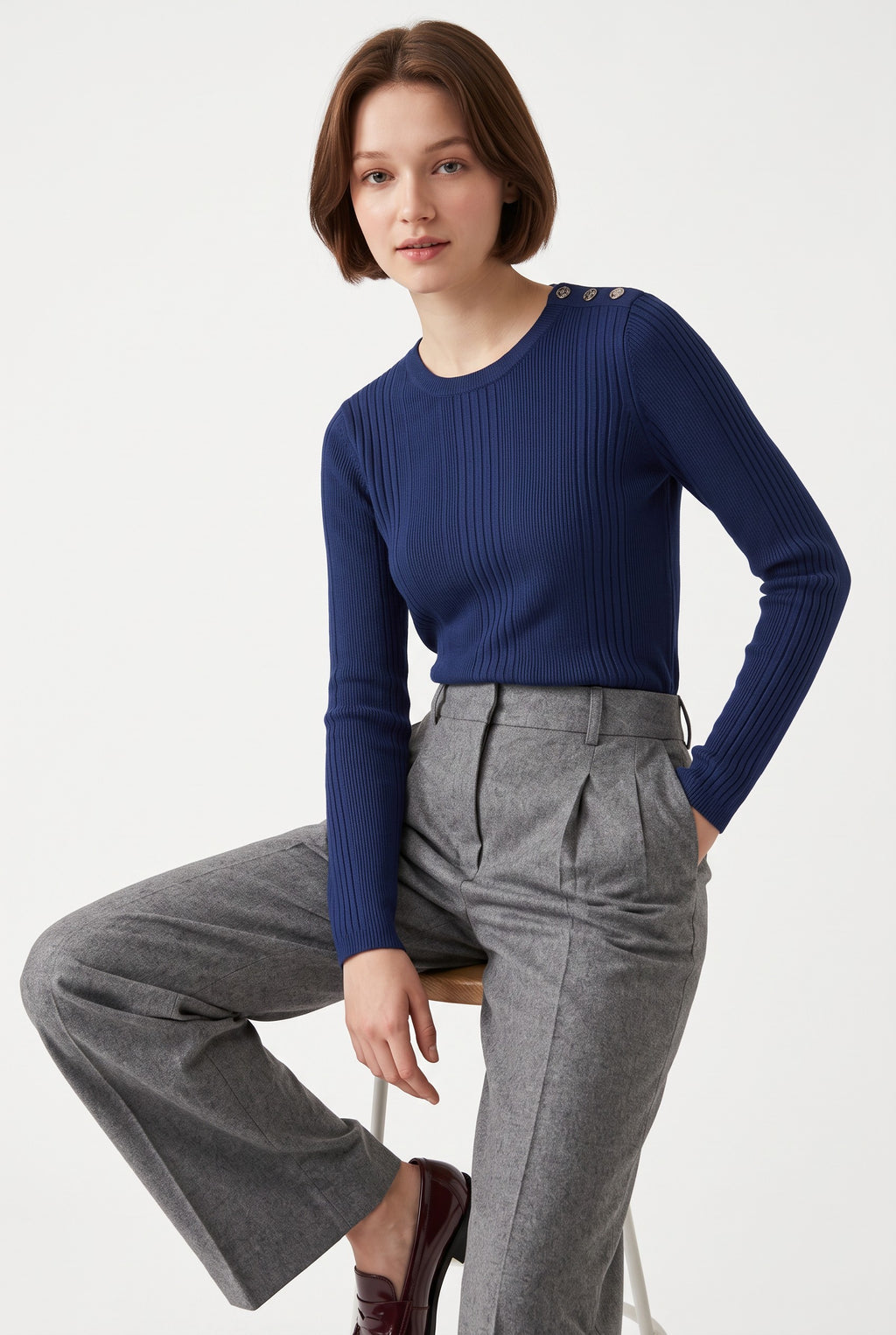 Ribbed crew neck sweater, buttons at the shoulders, long sleeves – Night blue – C&Jo
