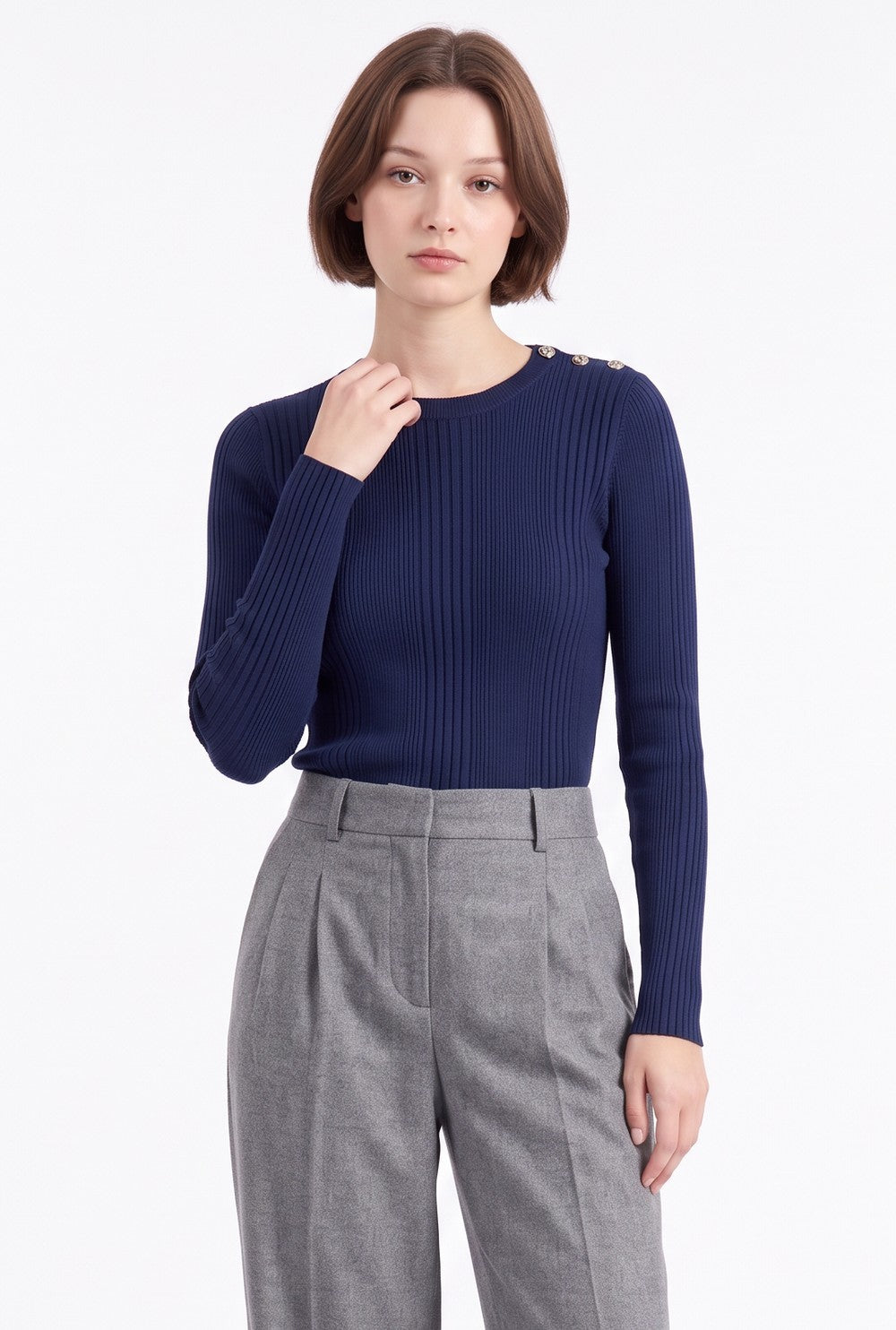 Pull côtelé col rond boutons aux épaules – Bleu nuit – C&Jo