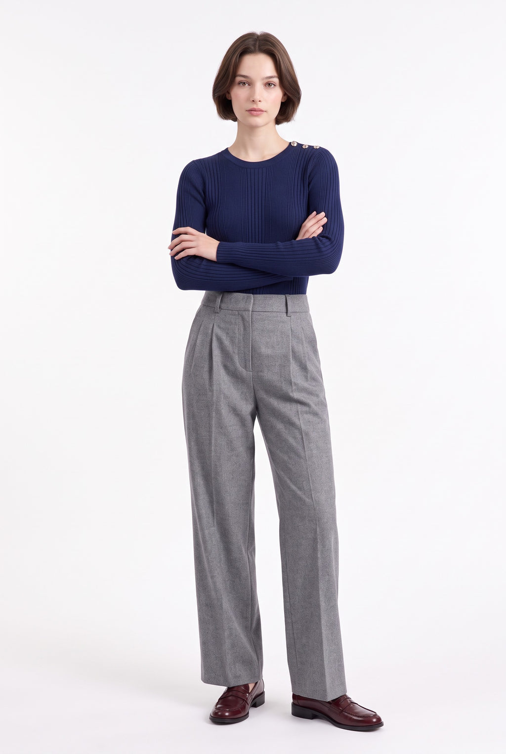 Ribbed crew neck sweater, buttons at the shoulders, long sleeves – Night blue – C&Jo