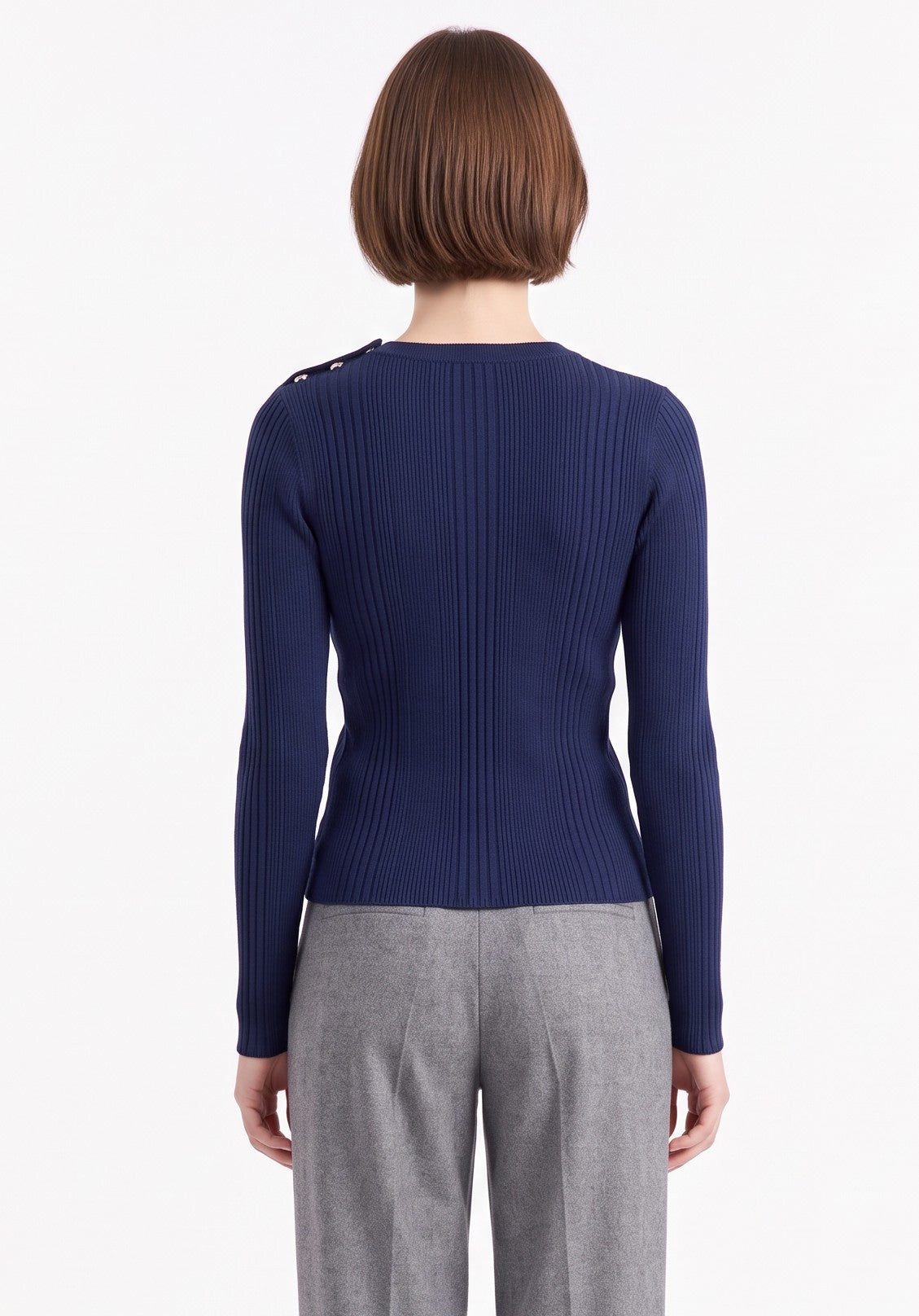 Pull côtelé col rond boutons aux épaules – Bleu nuit – C&Jo