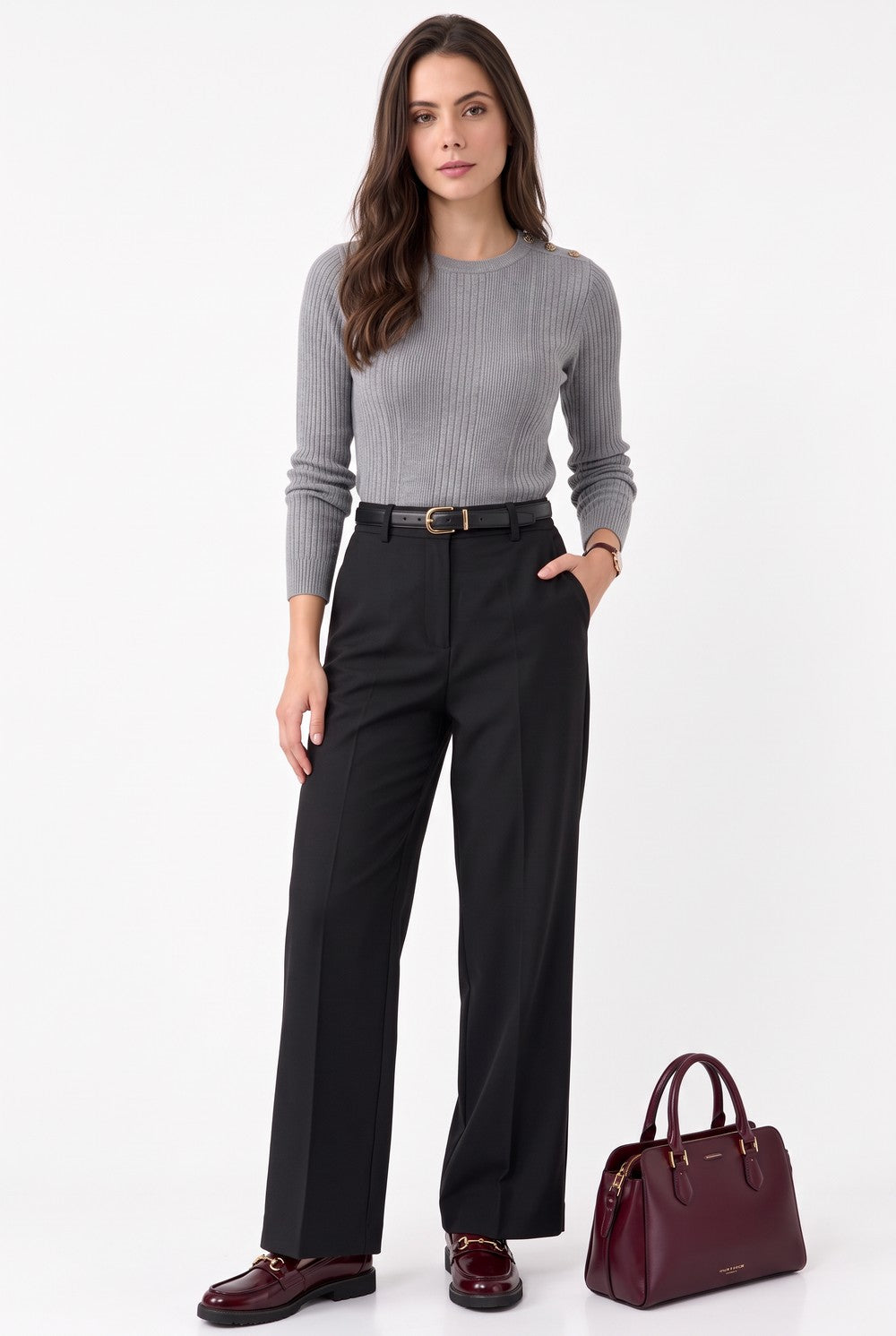 Pull côtelé col rond boutons aux épaules – Gris – C&Jo