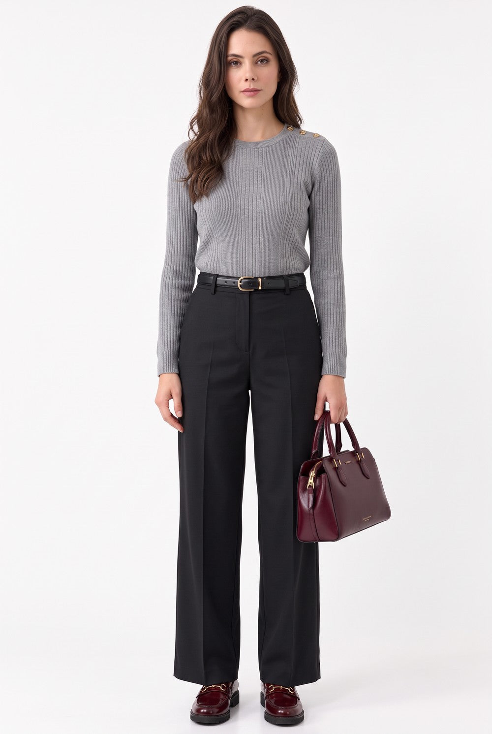 Pull côtelé col rond boutons aux épaules – Gris – C&Jo