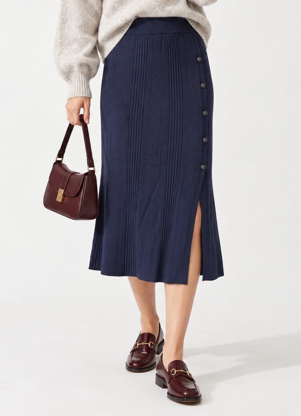 Long ribbed skirt, buttons at the front, 2 threads – Night blue – C&Jo