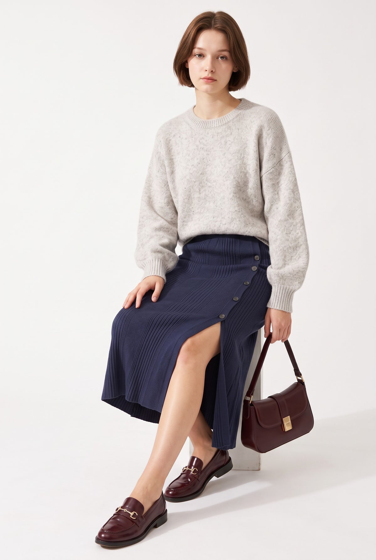 Long ribbed skirt, buttons at the front, 2 threads – Night blue – C&Jo