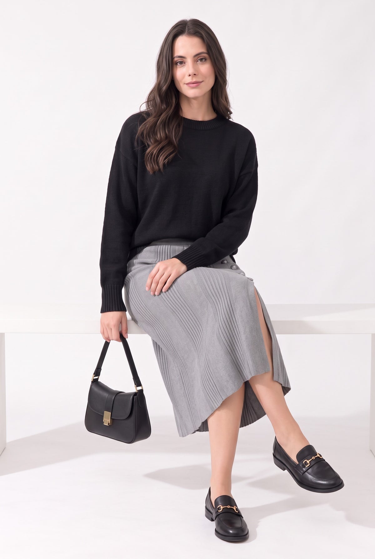 Jupe longue côtelée boutonnée – Gris – C&Jo