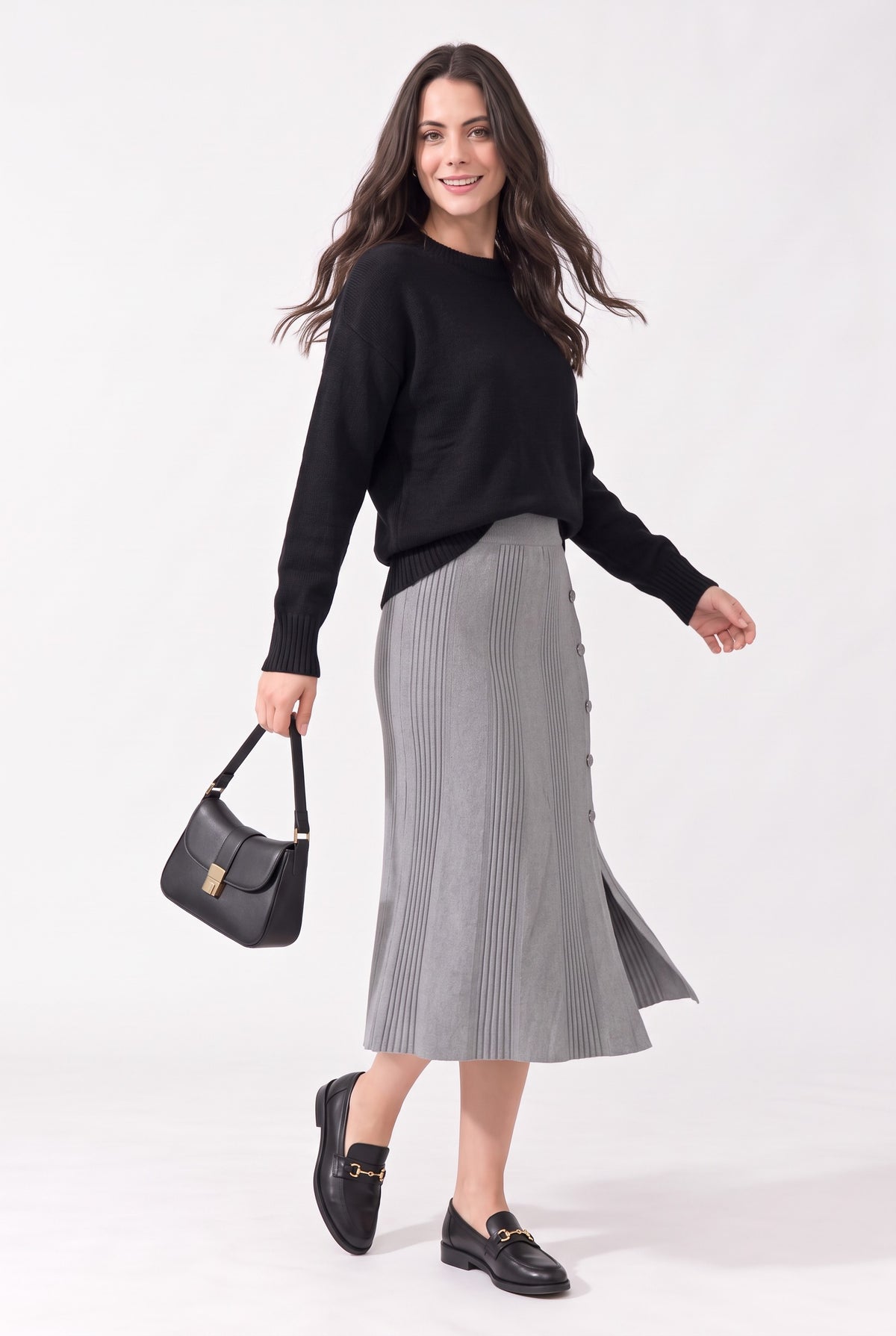 Jupe longue côtelée boutonnée – Gris – C&Jo
