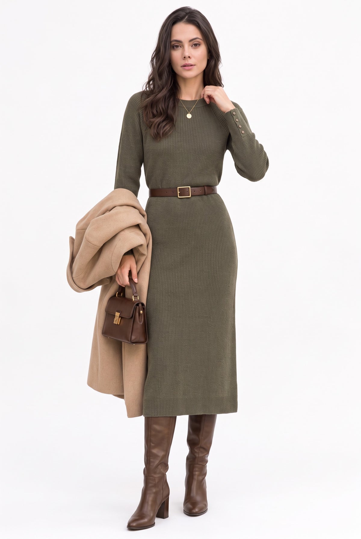 Robe côtelée col rond – Kaki – C&Jo