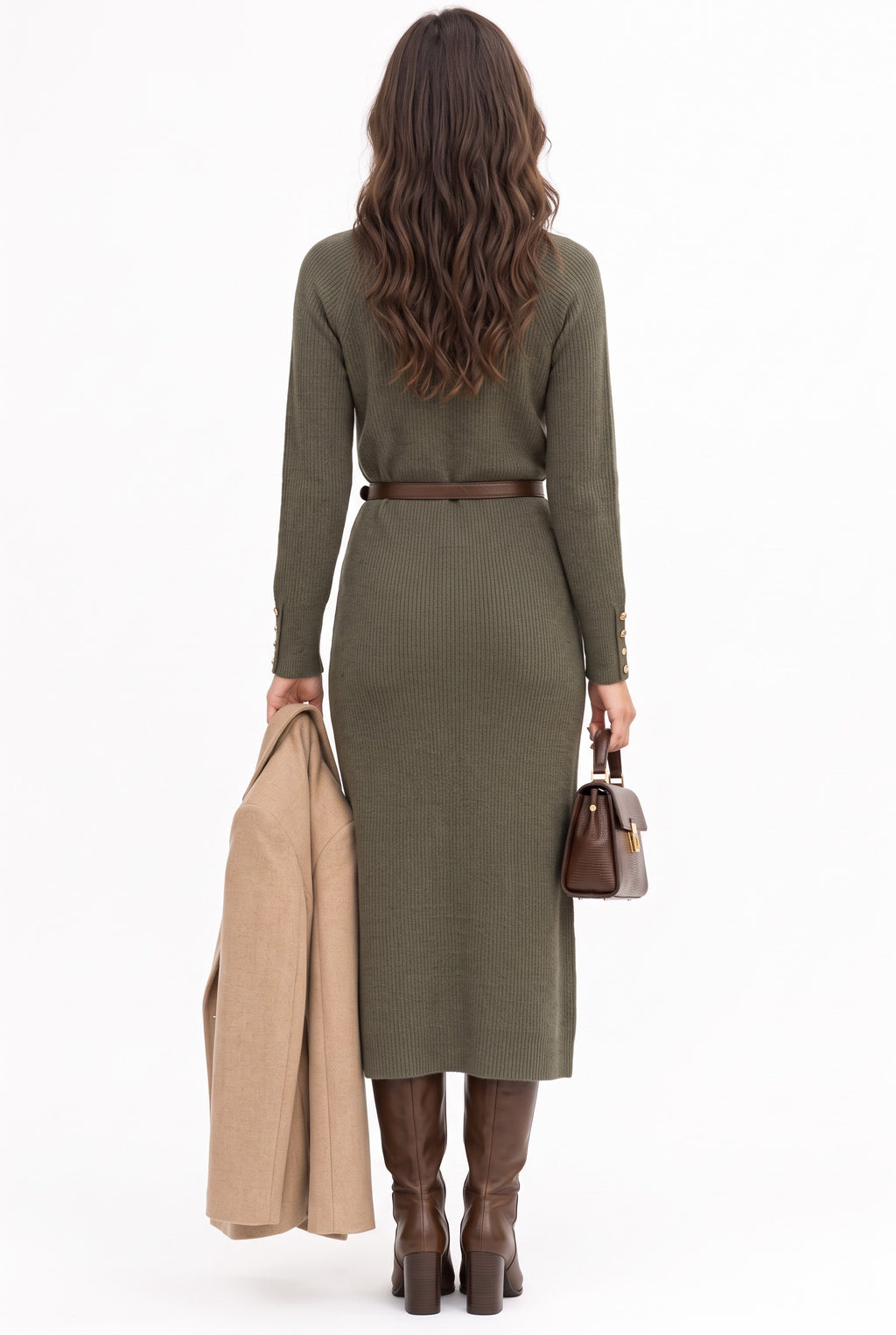 Ribbed crew neck dress, buttoned cuffs, 2 threads – Khaki – C&Jo