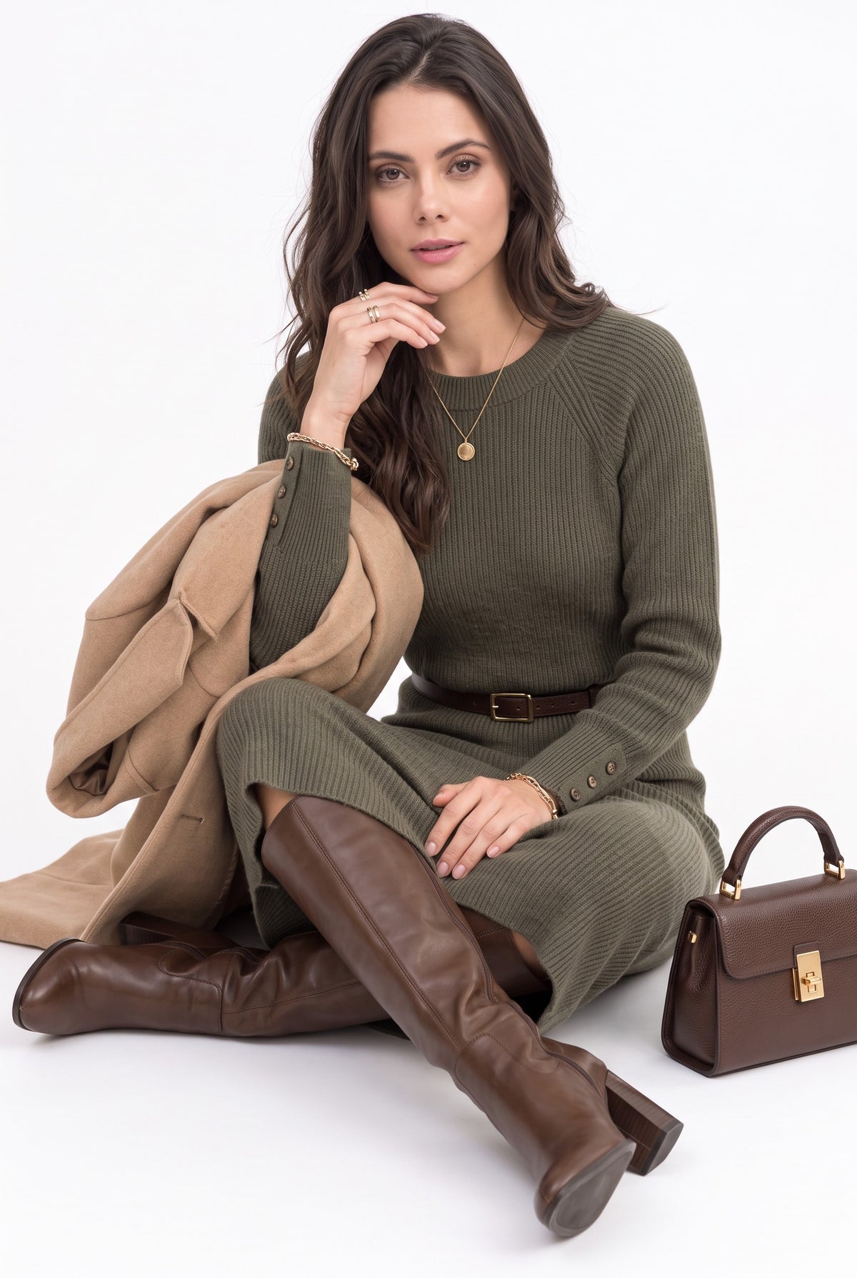 Robe côtelée col rond – Kaki – C&Jo