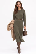 Ribbed crew neck dress, buttoned cuffs, 2 threads – Khaki – C&Jo