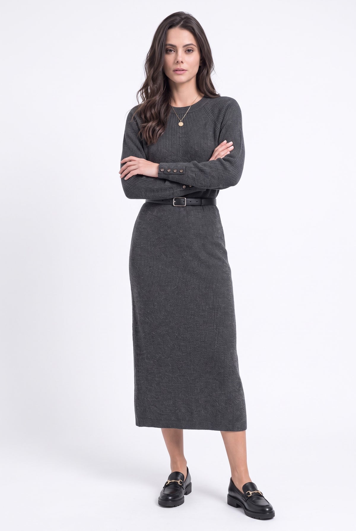 Robe côtelée col rond – Gris foncé – C&Jo