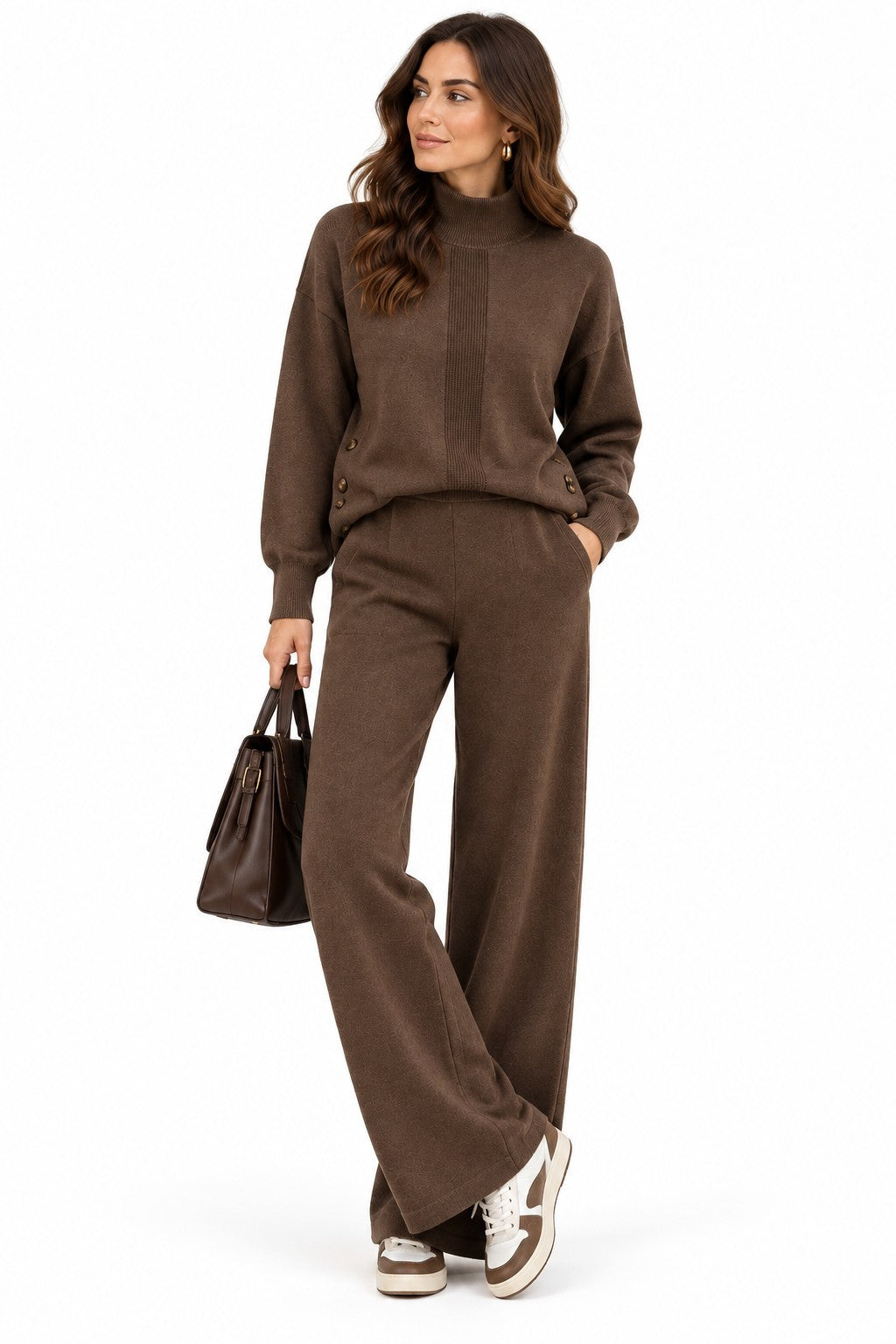 Pull col montant boutonné fantaisie – Café – C&Jo