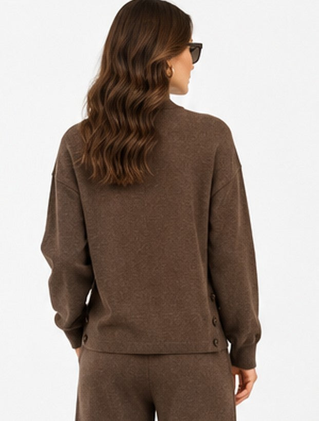 Fancy turtleneck sweater, ribbed button closure, long sleeves, 2-ply – Coffee – C&Jo