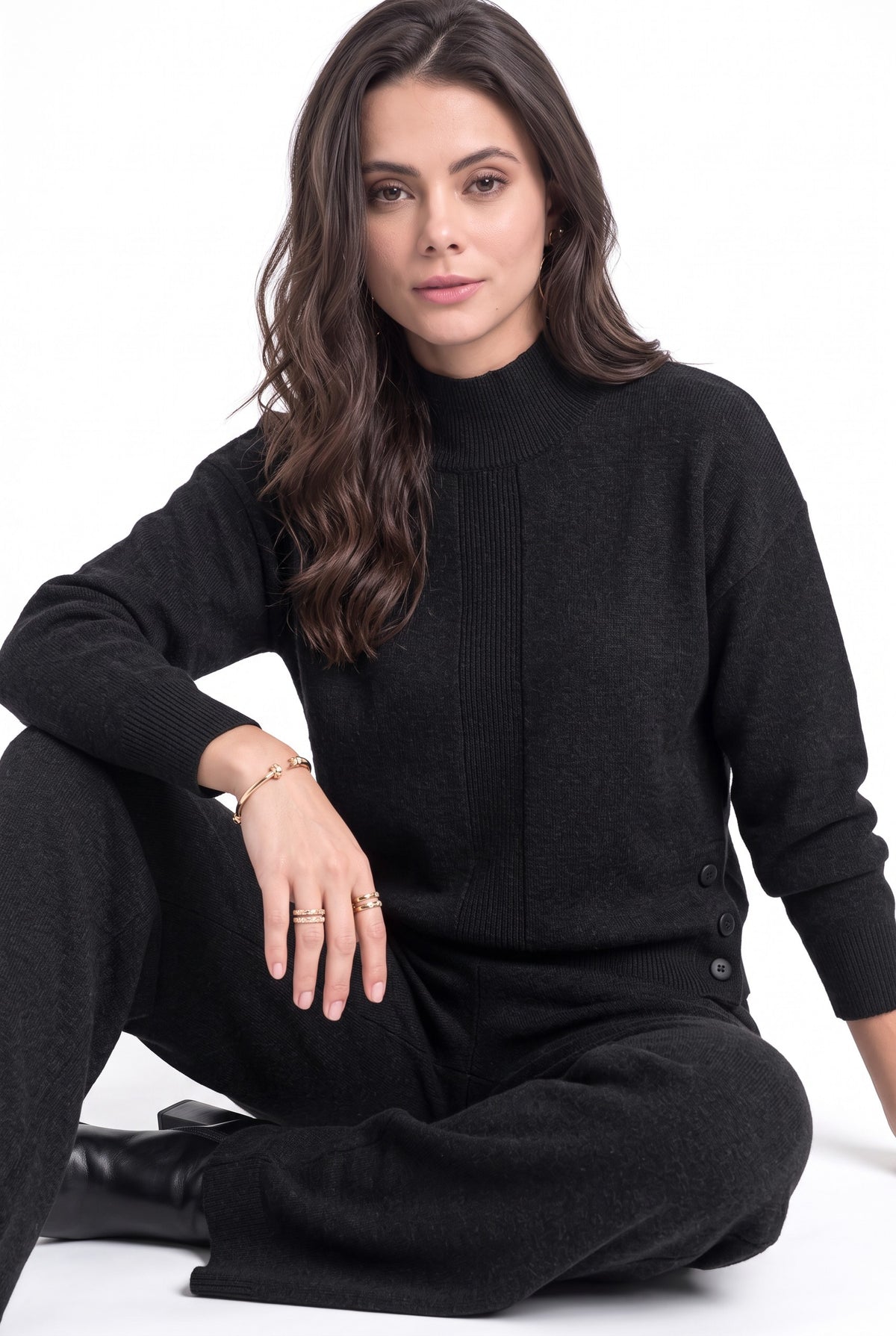 Pull col montant boutonné fantaisie – Noir – C&Jo