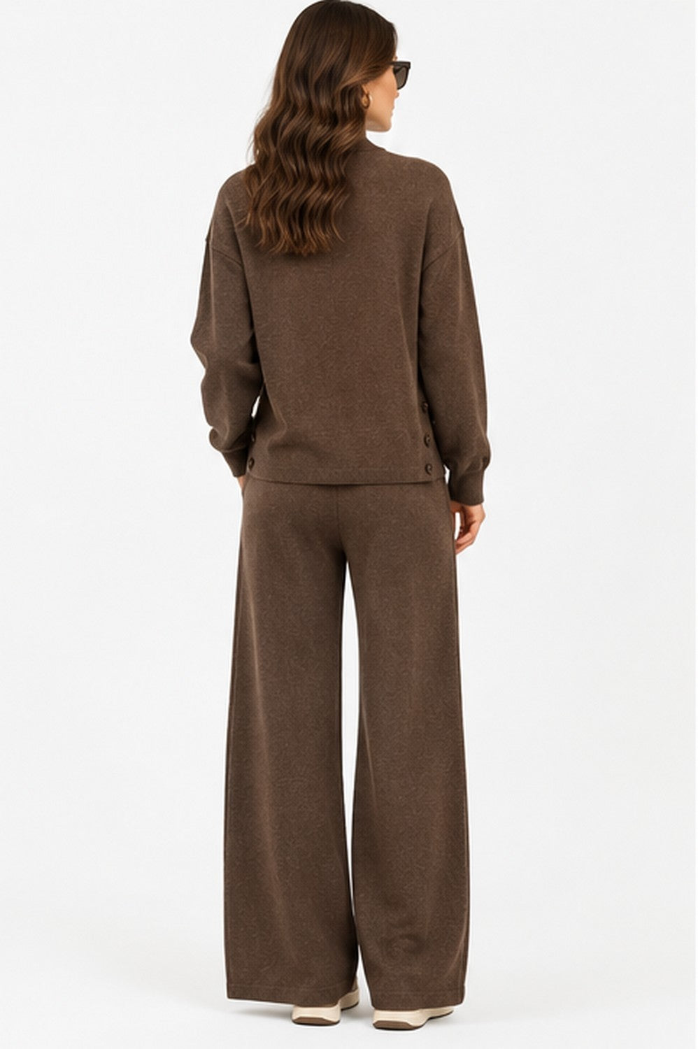 Wide-leg trousers with high elasticated waist and 2-thread pockets – Coffee – C&Jo