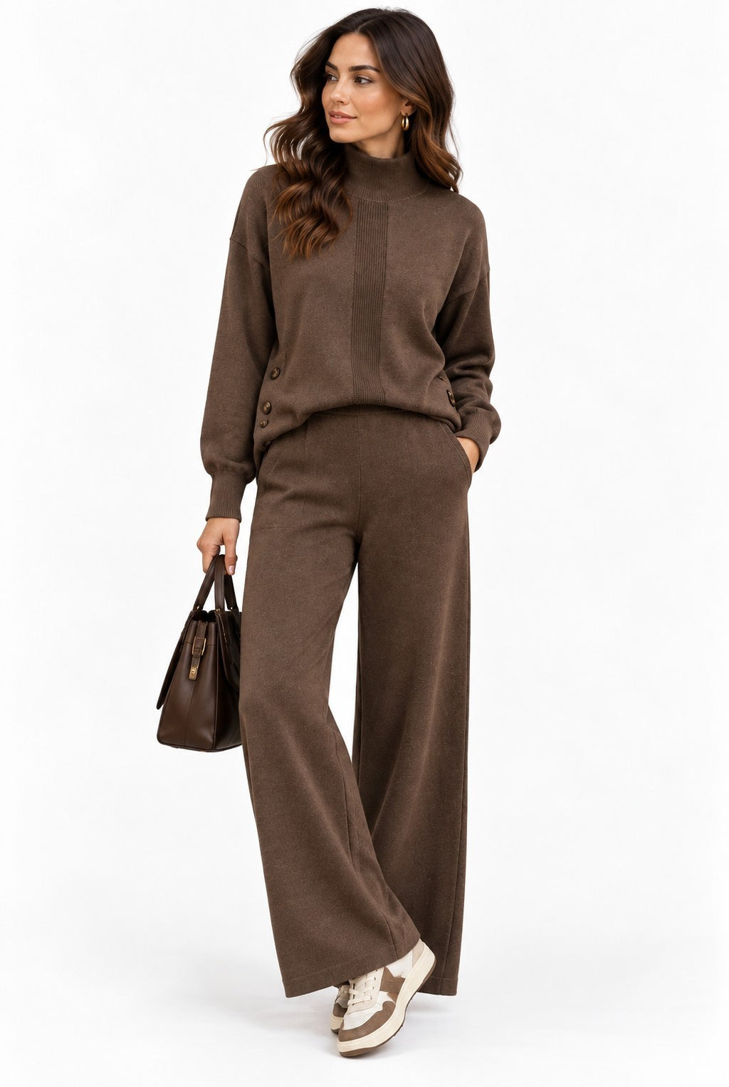 Wide-leg trousers with high elasticated waist and 2-thread pockets – Coffee – C&Jo