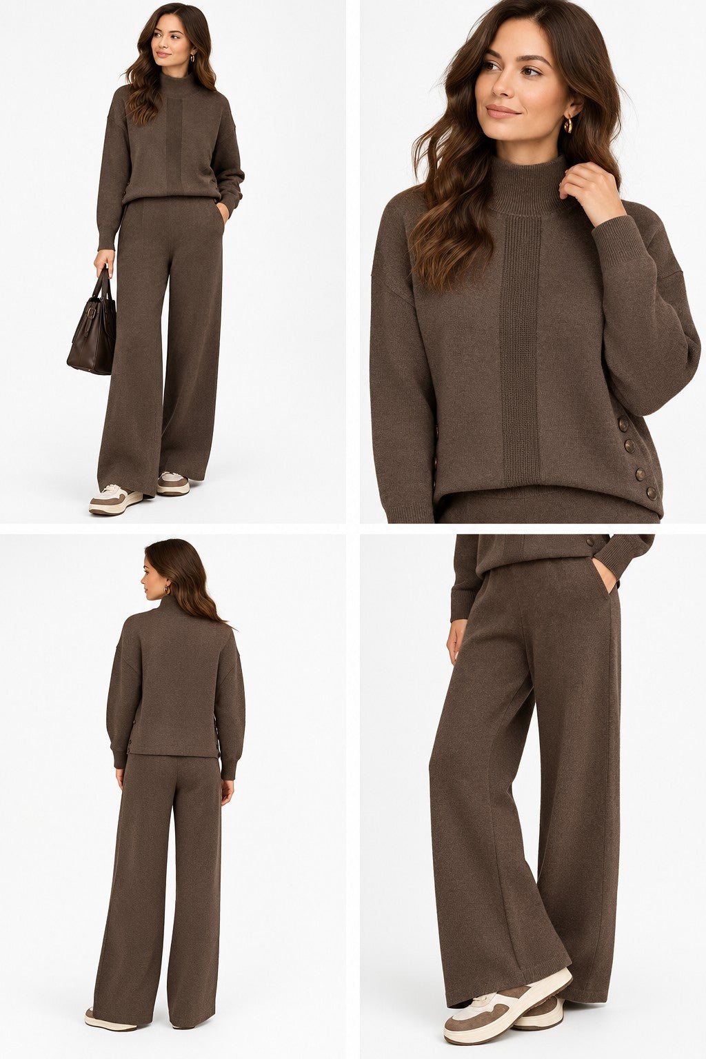 Wide-leg trousers with high elasticated waist and 2-thread pockets – Coffee – C&Jo