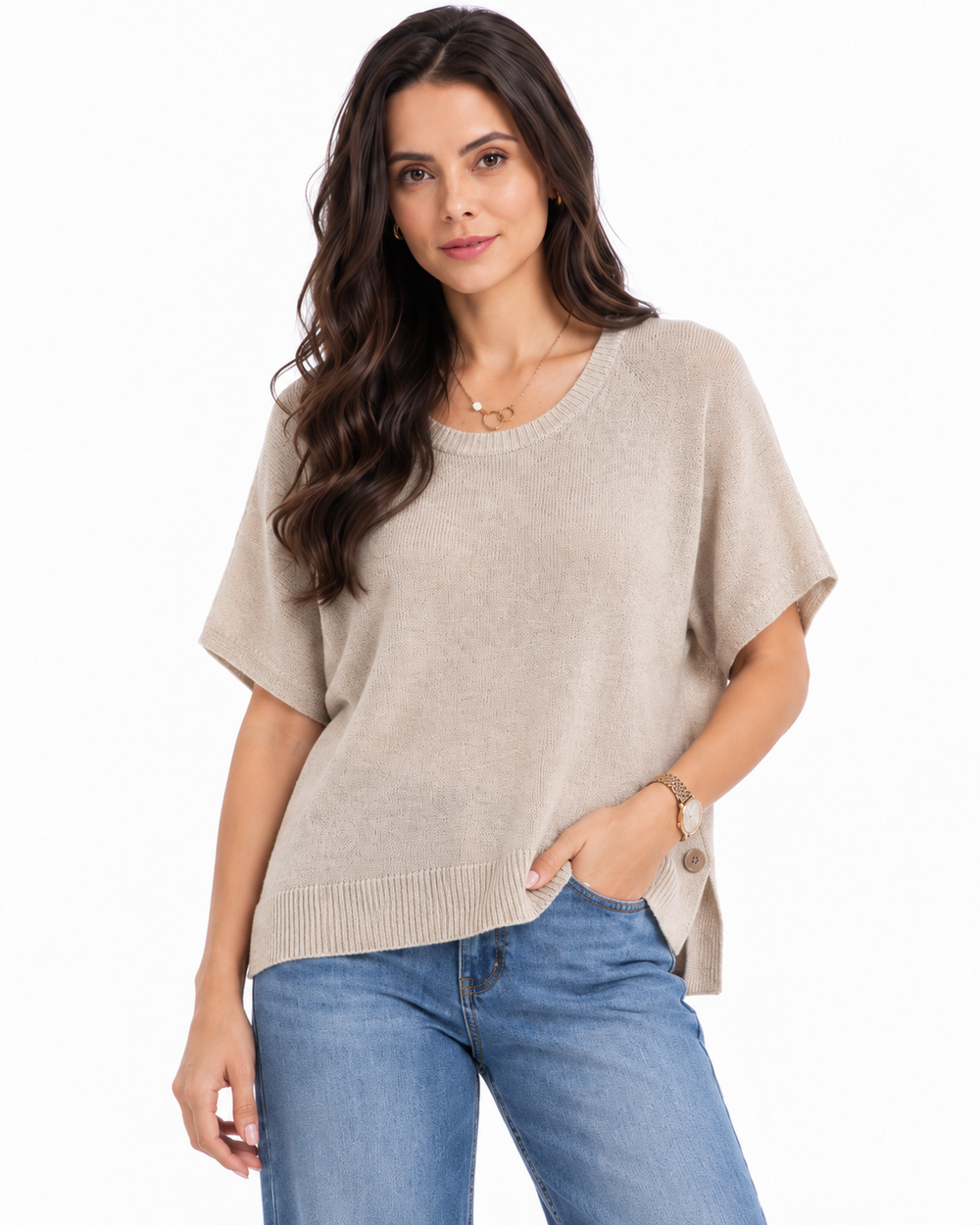 Oversized poncho sweater with crew neck, sleeveless, 2-ply