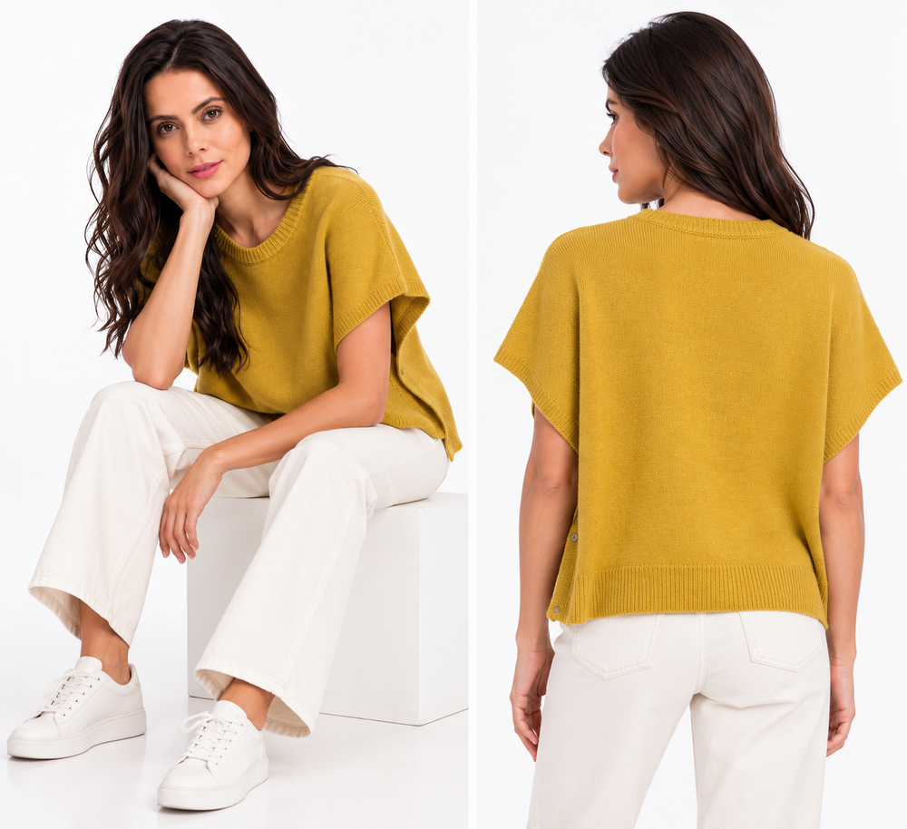 Oversized poncho sweater with crew neck, sleeveless, 2-ply
