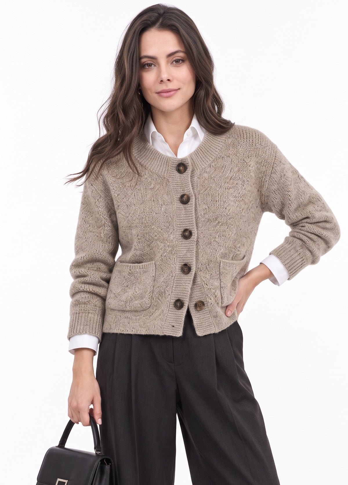 Veste courte col teddy en maille – Désert – C&Jo