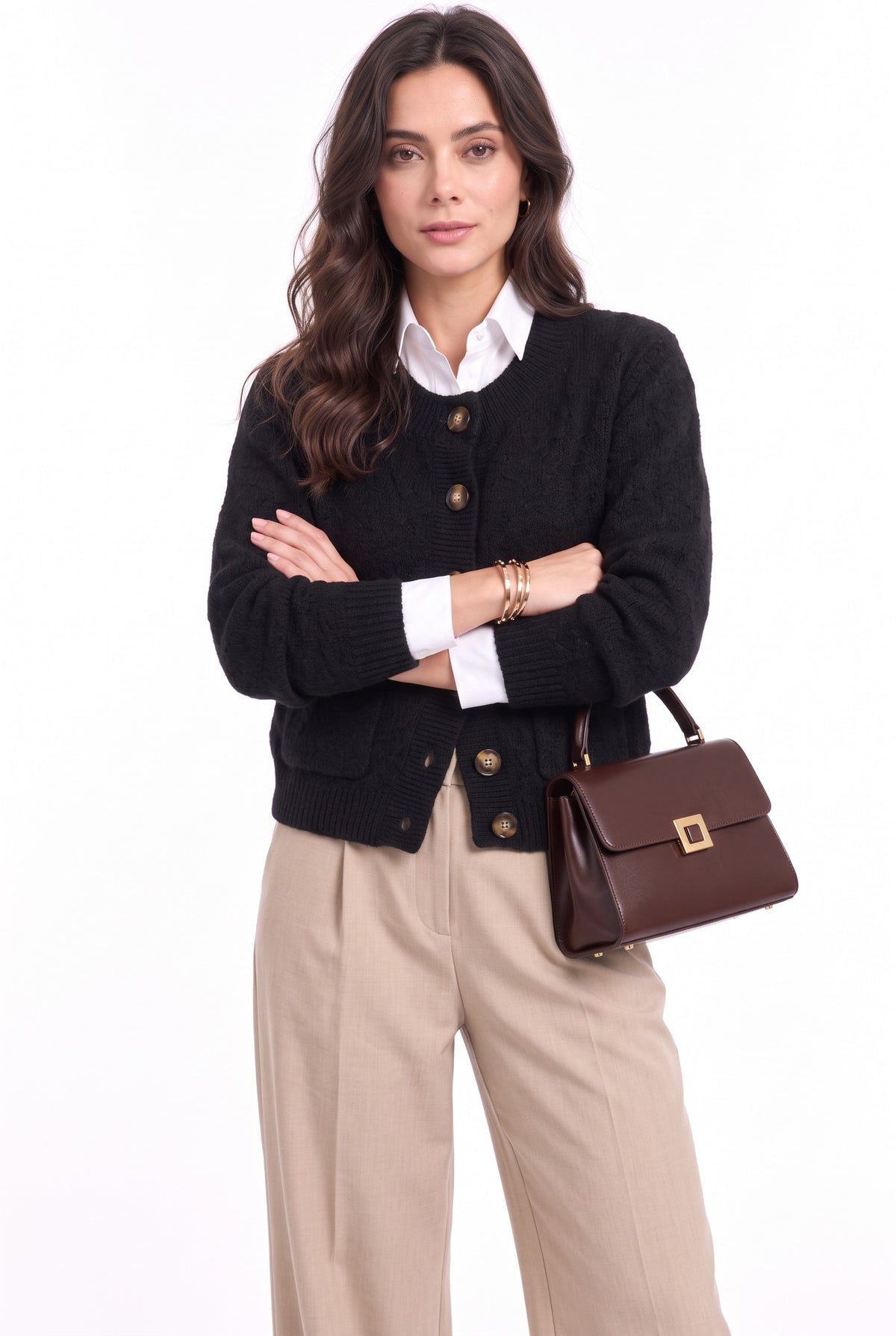 Veste courte col teddy en maille – Noir – C&Jo