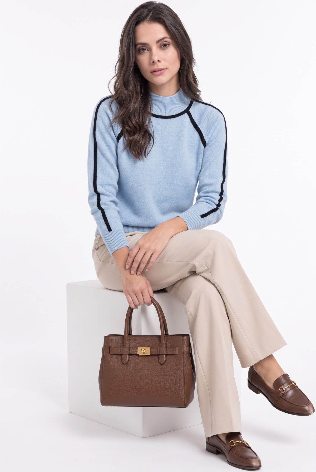 Pull col montant oversize bicolore – Bleu ciel – C&Jo