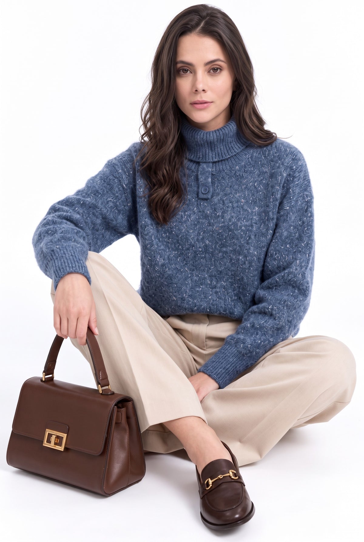 Pull col roulé patte boutonnée – Bleu jean – C&Jo