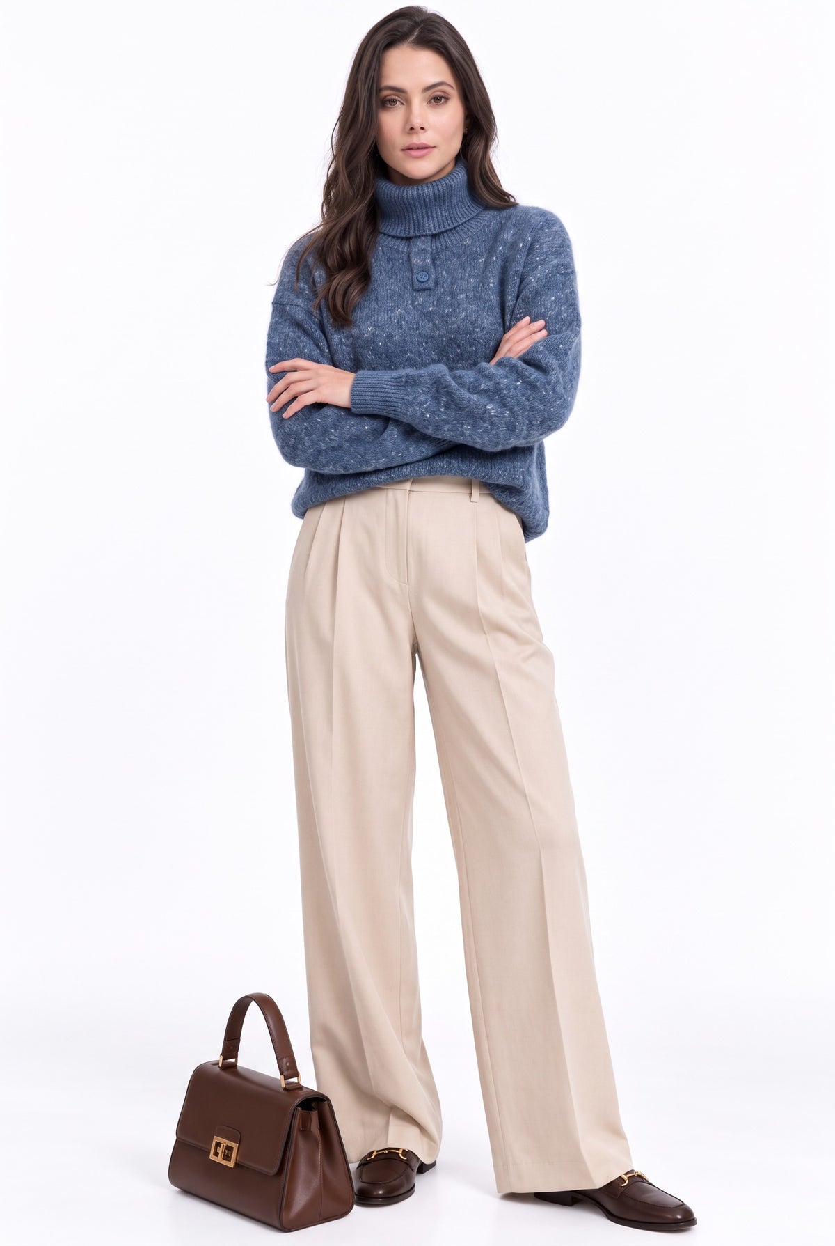 Pull col roulé patte boutonnée – Bleu jean – C&Jo
